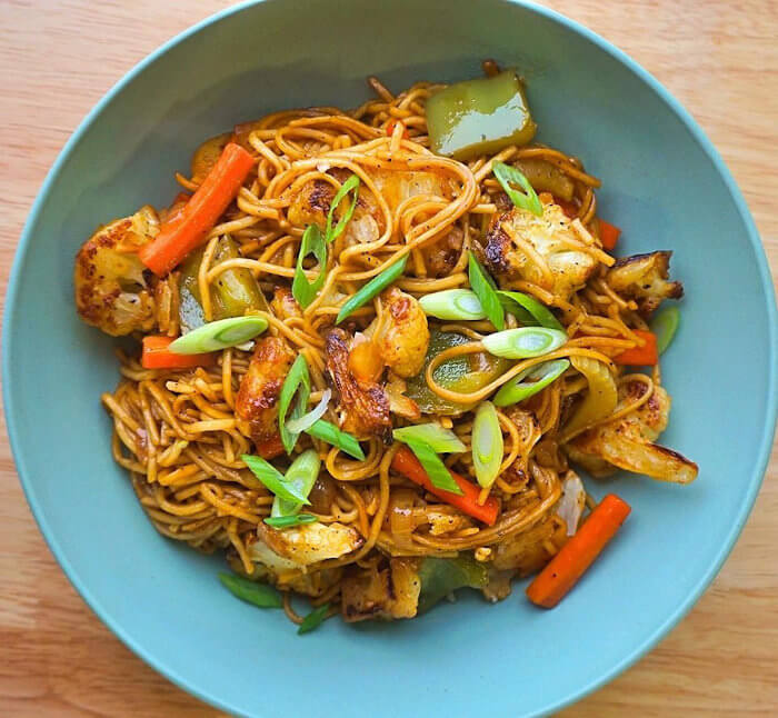 Manchurian Noodles with Baked Battered Cauliflower and Vegetables