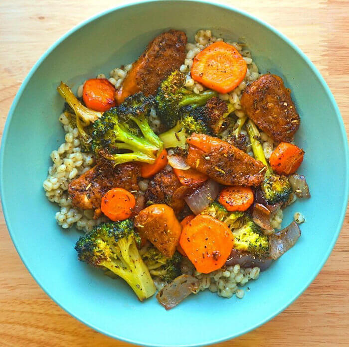 Roasted Vegan Sausages with Barley and Pesto