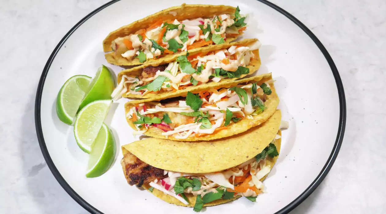 Heart of palm fysh tacos with fresh slaw and chipotle mayo